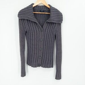 Y2K American Eagle Cardigan Sweater Womens M Gray Chunky Fitted Tight Preppy‎